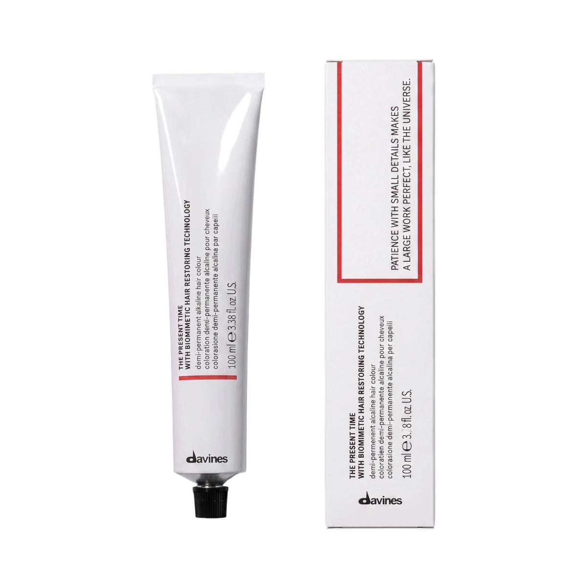 Davines hair restorative technology tube and its matching outer packaging box, shown side-by-side on a plain white background.