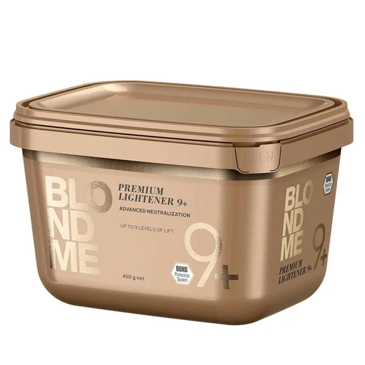 Bronze container of 'Blond Me' hair lightener on a white background