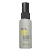 KMS Hair Play Sea Salt Spray in a 75 mL bottle, featuring a matte light gray body, black spray nozzle, and yellow text accents on a plain white background.