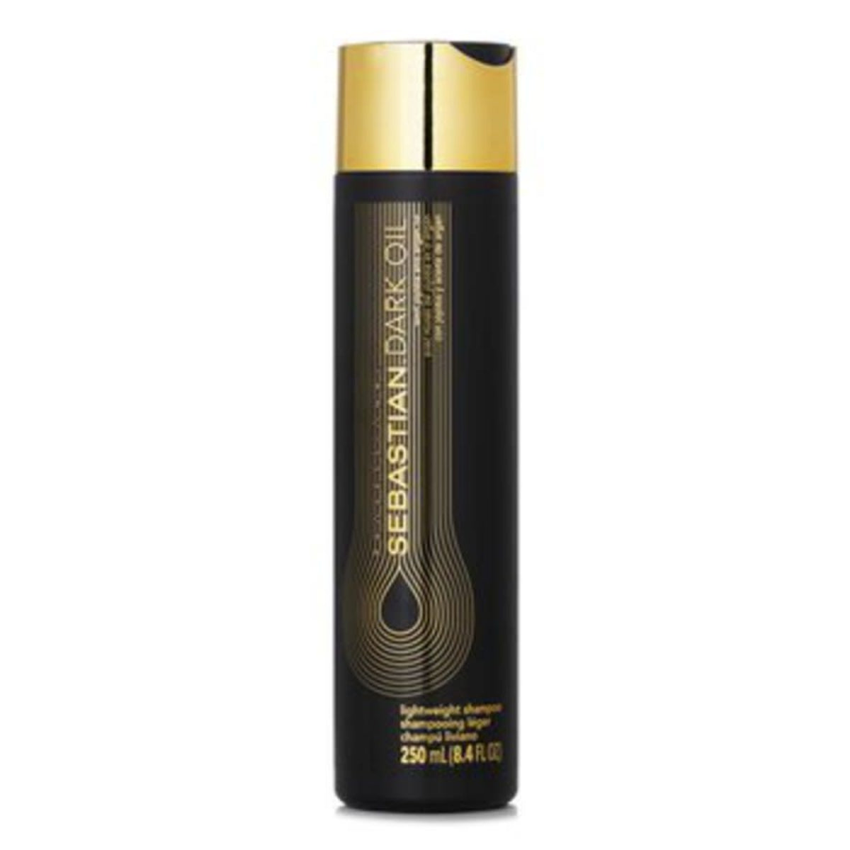 Sebastian Dark Oil Lightweight Shampoo in a tall black bottle with a shiny gold cap and gold lettering, shown on a plain white background.