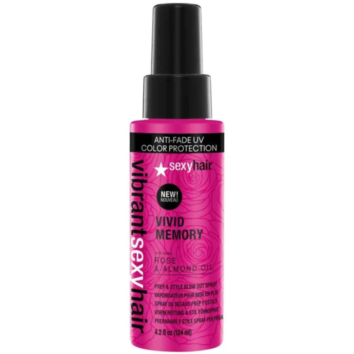 Pink bottle of sexy hair product on a white background