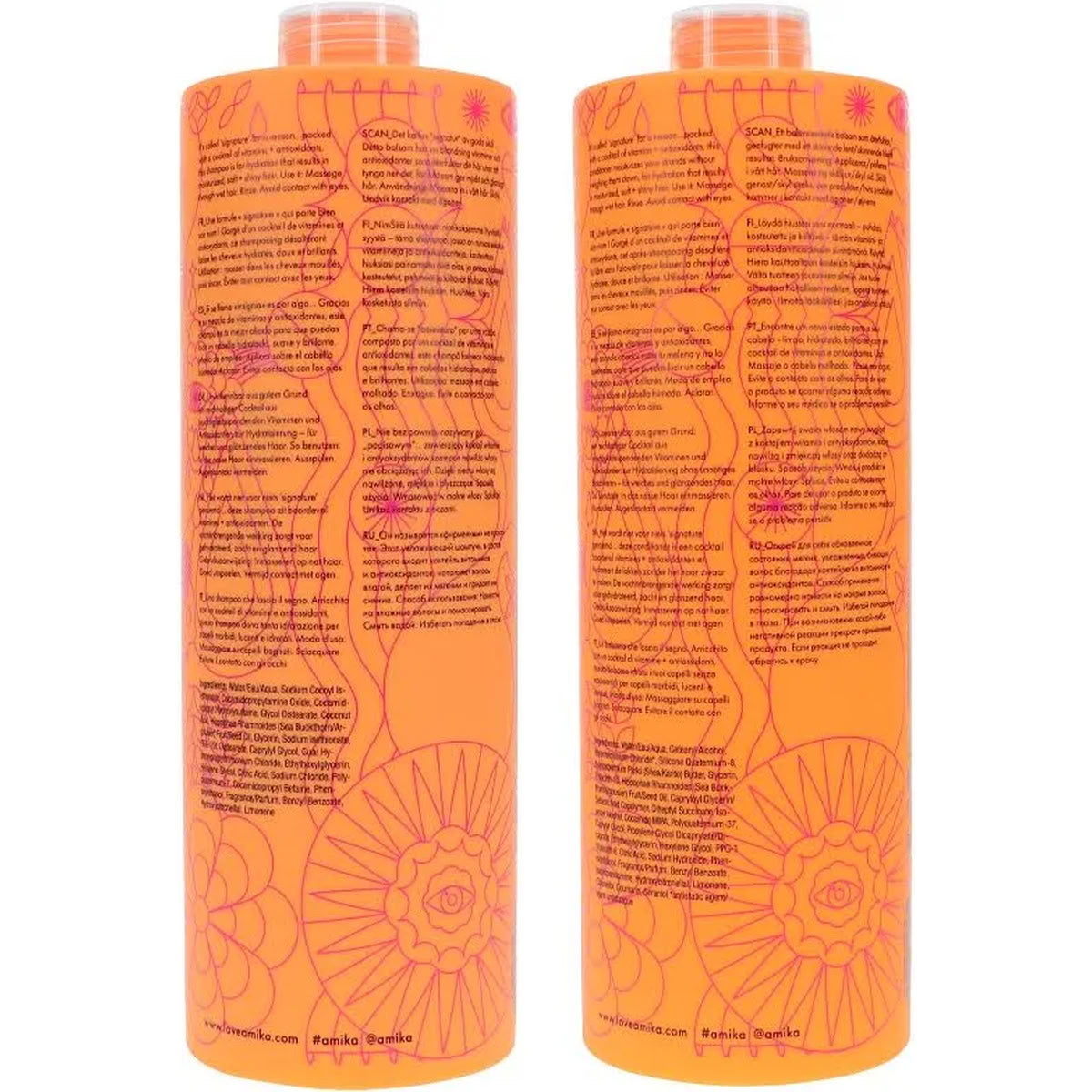 Two Amika Normcore Signature bottles with text and decorative patterns on a white background