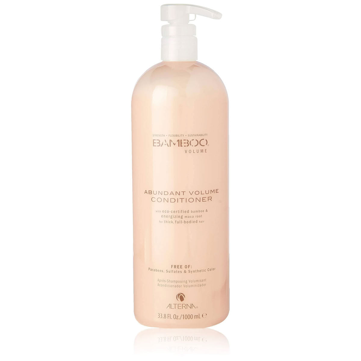 A 1000 mL pump bottle of Alterna Bamboo Volume Abundant Volume Conditioner, featuring a soft peach-pink translucent bottle and a white pump dispenser, set against a clean white background with a subtle reflection.