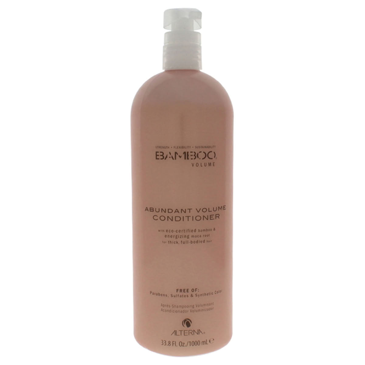 A bottle of Alterra Bamboo Volume Abundant Volume Conditioner in a dusty pink color with a white pump dispenser, shown against a plain white background.