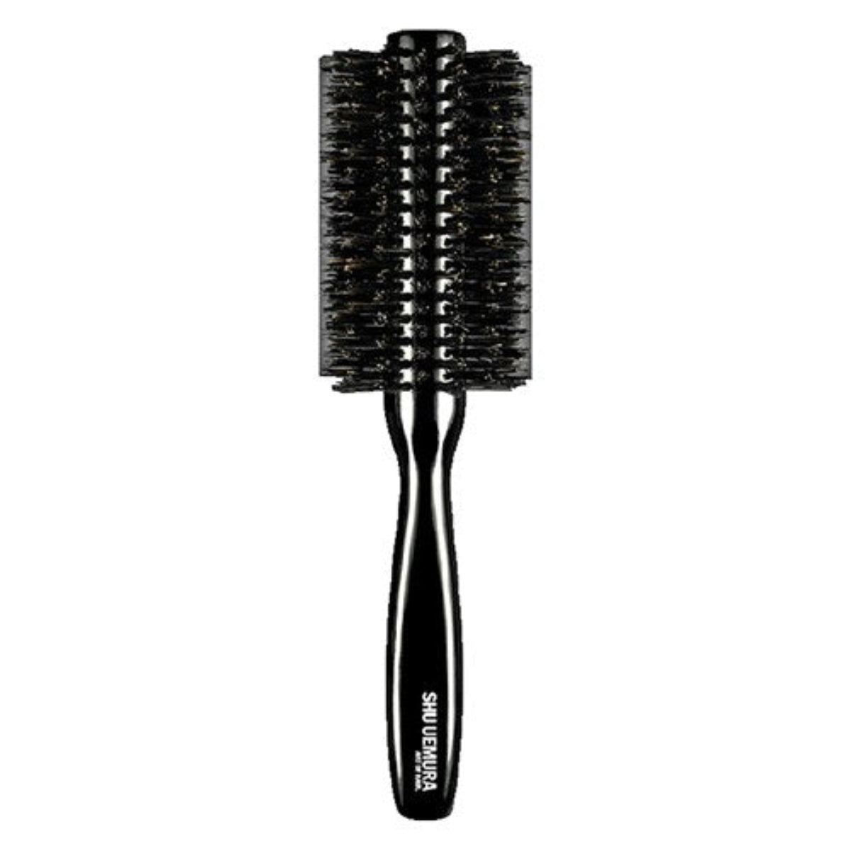 Black hairbrush with cylindrical bristle design on a white background