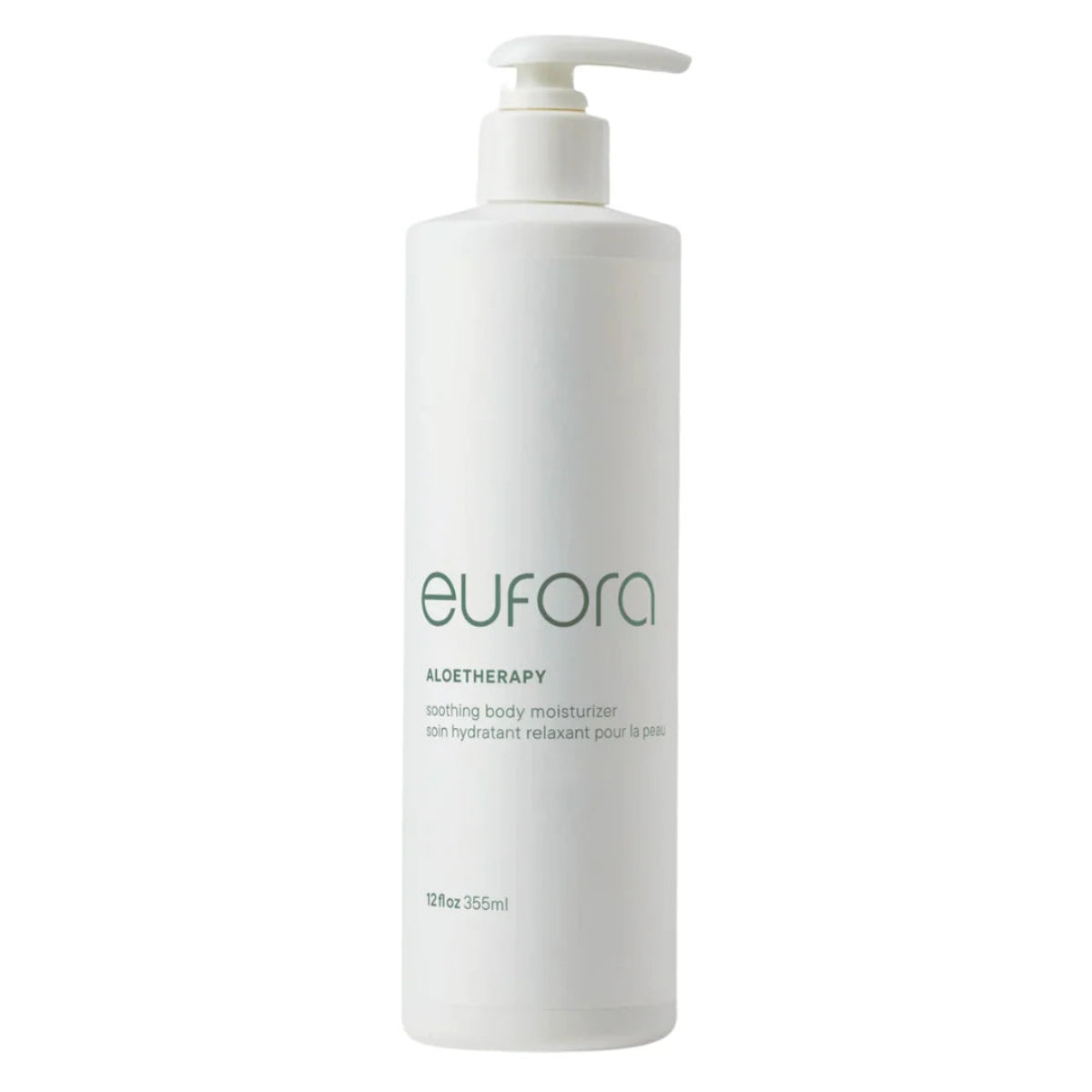 A white pump bottle of eufora Aloe Therapy soothing body moisturizer on a solid white background.