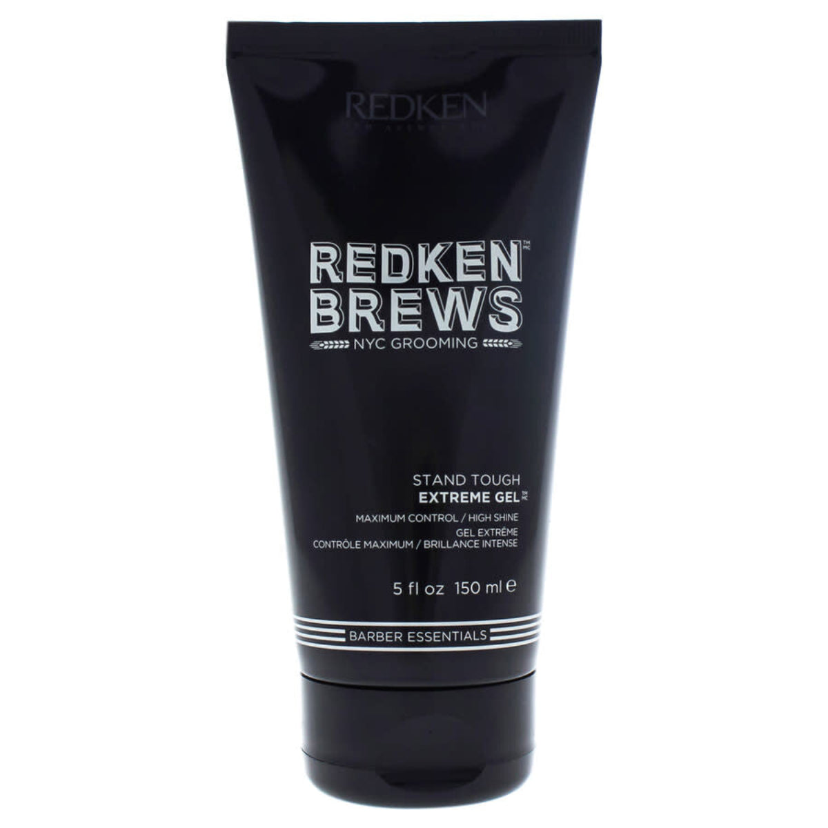 Black tube of Redken Brews Stand Tough Extreme Gel on a white background