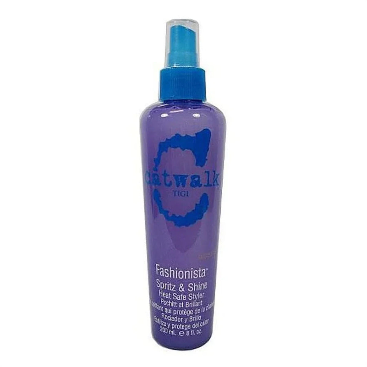 Purple bottle of 'Catwalk' hair product with blue label on a white background