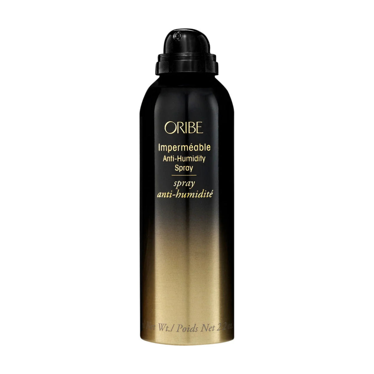 Oribe hair spray bottle with black and gold gradient on a white background