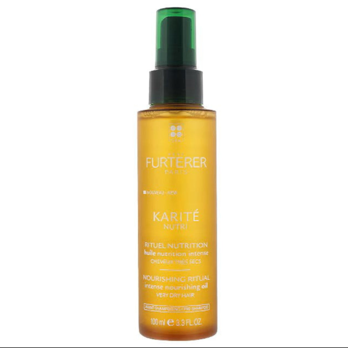 A bottle of Furterer Karité Nutri Ritual Nutrition Intense Nourishing Oil for dry hair, featuring a golden amber bottle, black spray pump, and green cap, set against a plain white background.